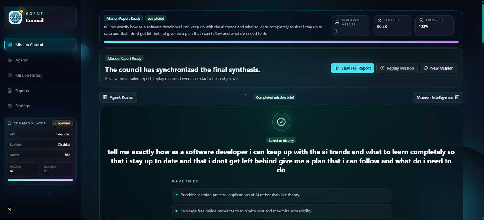 Agent Council mission completion screen with a final synthesis and report action